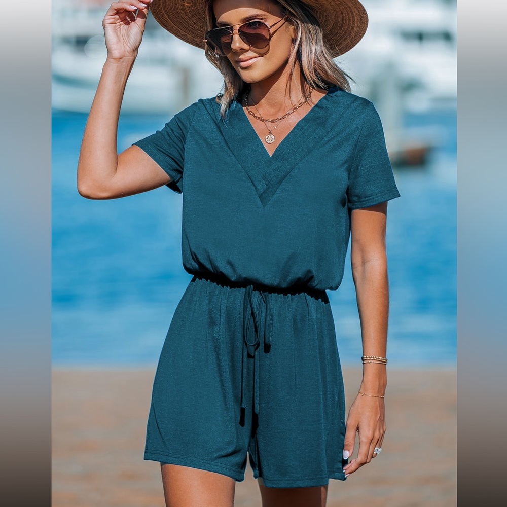 Teal V-neck drawstring jersey Romper